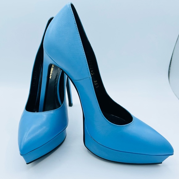 Yve Saint Laurent Platform 5 inch heels Powder Blue size 35.5 in leather - Picture 2 of 6
